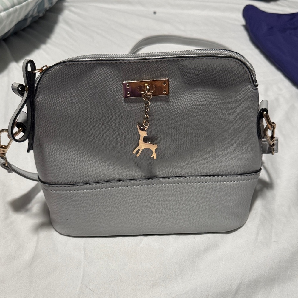 Gray Crossbody Bag with Gold Accents